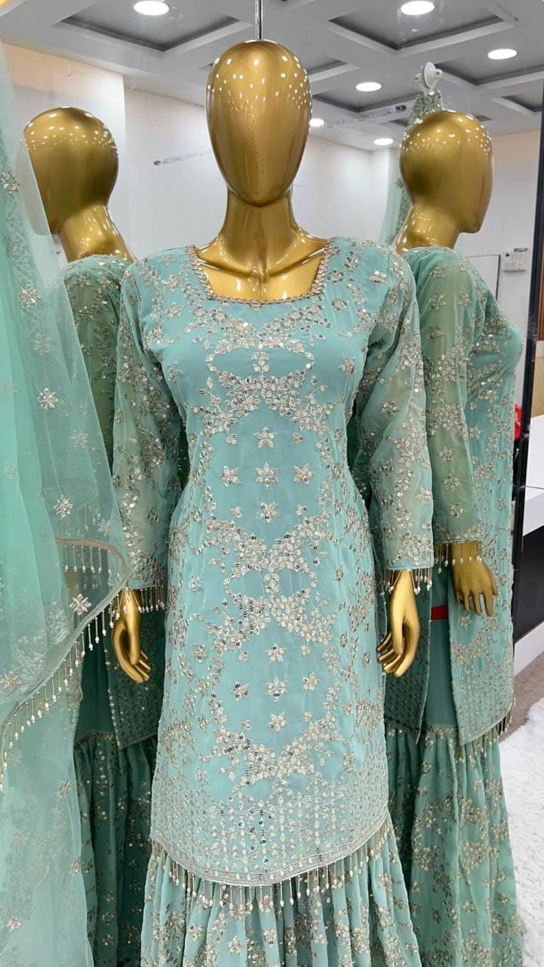 Mint Green Sharara Suit Set: Designer Pakistani Outfit - Up to Size 44