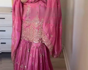 Pink Georgette Sharara Suit: Pakistani Gold Embroidery, Ready to Wear