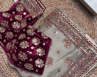 Beautiful heavy organza tissue silk saree with boti work and border, heavy velvet blouse unstitched, designer saree for womens