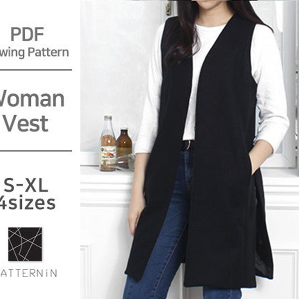 Patron Femme]Gilet long simple et élégant, patron PDF taille réelle (Ver.Eng/PE855 - Woman Vest)