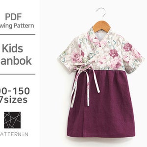 Pattern for Kids] Korea traditional wrap style dress, hanbok, Actual size PDF pattern (Ver.Eng/PE1116-Hanbok)