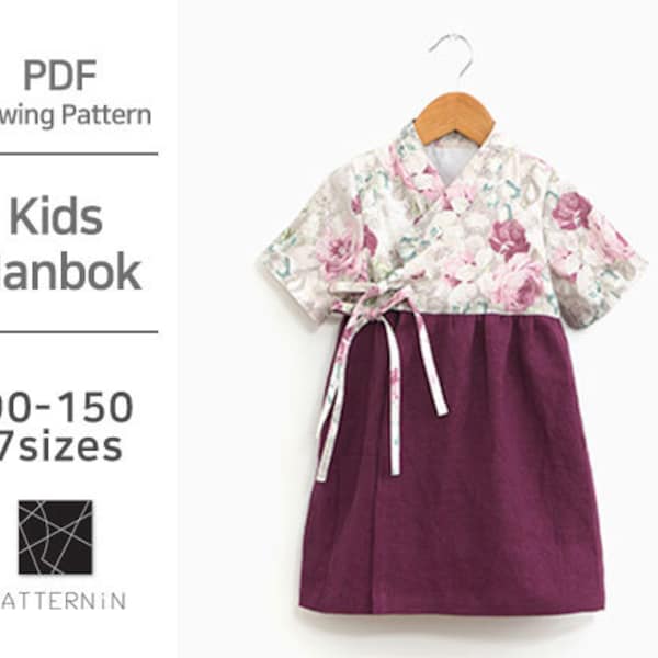 Pattern for Kids] Korea traditional wrap style dress, hanbok, Actual size PDF pattern (Ver.Eng/PE1116-Hanbok)