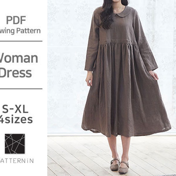 Pattern for Woman]A long dress with a lovely style, Actual size PDF pattern (Ver.Eng/PE1333 - Dress)