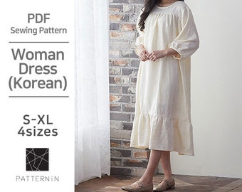 Pattern for woman]loose fit, comfortable long dress. , Actual size PDF pattern (Ver.Korean /P1344 - Dress)
