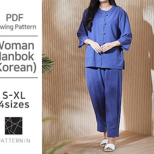 Pattern for woman]Hanbok-style shirt and pants set , Actual size PDF pattern  (Ver.Korean/ P1384 - Woman Hanbok)