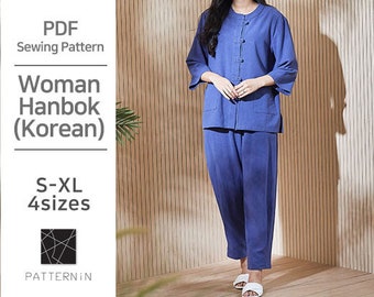 Pattern for woman]Hanbok-style shirt and pants set , Actual size PDF pattern  (Ver.Korean/ P1384 - Woman Hanbok)