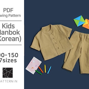 Pattern for Kids]Hanbok-style shirt and pants set , Actual size PDF pattern   (Ver.Korean / P1395 - Kid Hanbok)