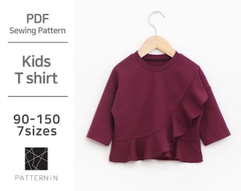 Pattern for Kids] A comfortable T-shirt with lovely flounce decorations, Actual size PDF pattern (Ver.Eng/PE1034-Tshirt)