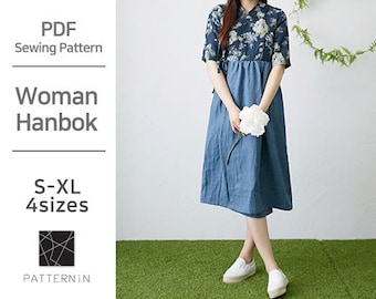 Patroon voor dames] Traditionele Koreaanse wikkeljurk, hanbok, pdf-patroon op ware grootte (Ver.Eng/PE1121-Hanbok)