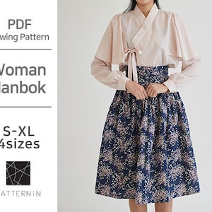 Patrón para mujer] Precioso vestido tradicional coreano, estilo hanbok. Patrón PDF en tamaño real (Ver.Eng/PE1328 - Hanbok).