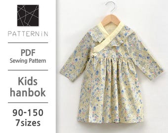 Patrón para niños] Vestido tradicional coreano cruzado con volantes, hanbok. Patrón PDF en tamaño real (versión en inglés / PE1253 - Hanbok).
