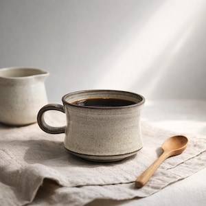 Pode incluir: Uma caneca de café de cerâmica cheia de líquido escuro, provavelmente café, está sobre uma toalha de linho bege. Uma pequena colher de madeira está por perto. Um creme de cerâmica correspondente está no fundo. A caneca tem uma alça e uma borda marrom escuro.