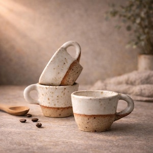 Taza de espresso de cerámica de 85 ml hecha a mano, taza minimalista de gres para rituales de café diarios.