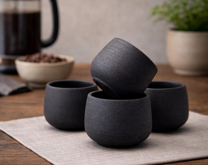 Handmade Black Clay Mug, Unglazed Stoneware Coffee Cup
