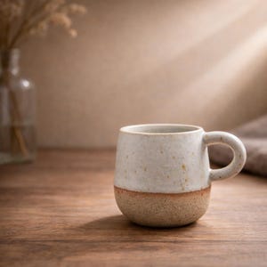 Handmade Ceramic Coffee Mug: Rustic White Speckled Glaze, Raw Clay Base
