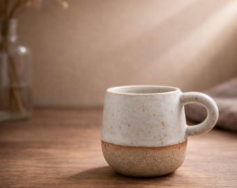 Handmade Ceramic Coffee Mug: Rustic White Speckled Glaze, Raw Clay Base