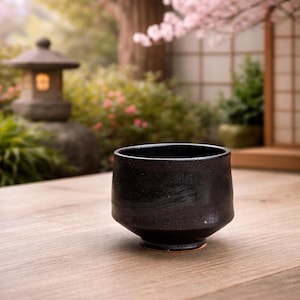 Cuenco de té Yunomi japonés personalizado con esmalte reactivo, hecho a mano, de cerámica negra