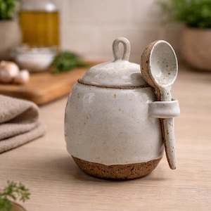 450 ml, Pottery Sugar Bowl with spoon , Ceramic Lidded Container, Honey Pot Jar, Kitchen Storage Gift, Wheel Thrown Pottery, Stoneware Gift,