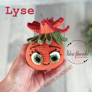 Può includere: Giocattolo a forma di zucca all'uncinetto con un viso sorridente, capelli verdi e uno stelo rosso. Il giocattolo è arancione e ha occhi bianchi con pupille nere. Il testo "Valerie filuncrochet" e "#VALERIE_FILUNCROCHET" sono visibili nell'immagine.