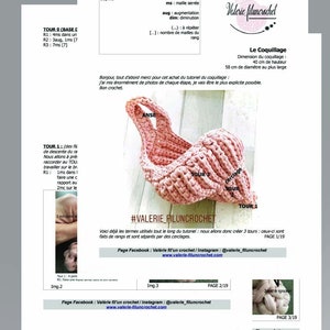 K&ouml;nnte beinhalten: Eine H&auml;kelanleitung f&uuml;r eine rosa muschelf&ouml;rmige Tasche mit Henkel. Die Anleitung enth&auml;lt Anweisungen zum Erstellen der Basis, der ersten Runde und der dritten Runde. Die Anleitung tr&auml;gt den Titel "#Valerie Filuncrochet" und enth&auml;lt einen Link zu den Facebook- und Instagram-Seiten des Erstellers.