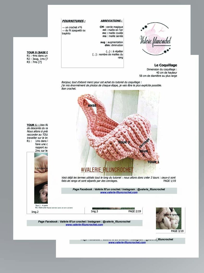 K&ouml;nnte beinhalten: Eine H&auml;kelanleitung f&uuml;r eine rosa muschelf&ouml;rmige Tasche mit Henkel. Die Anleitung enth&auml;lt Anweisungen zum Erstellen der Basis, der ersten Runde und der dritten Runde. Die Anleitung tr&auml;gt den Titel "#Valerie Filuncrochet" und enth&auml;lt einen Link zu den Facebook- und Instagram-Seiten des Erstellers.