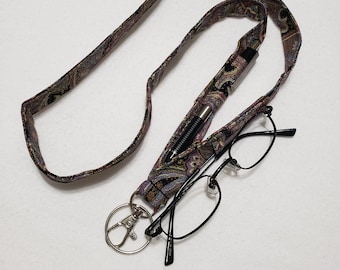 Dark Paisley Multicolored Lanyard with 2 Pen Loops, Glasses Loop, badge and key holder