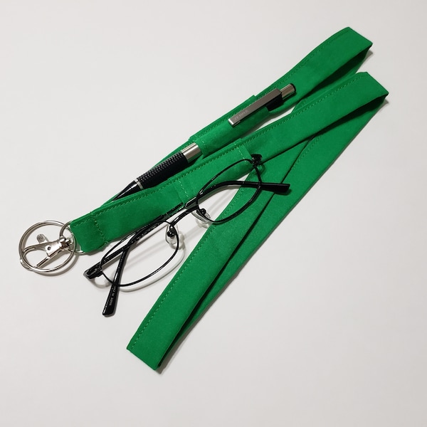 Solid Emerald Green Lanyard with 2 Pen Loops, Glasses Loop, badge and key holder