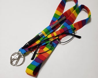 Rainbow Stripe Lanyard with 2 Pen Loops, Glasses Loop, badge and key holder