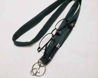 Solid Hunter Green Lanyard with 2 Pen Loops, Glasses Loop, badge and key holder, dark green lanyard