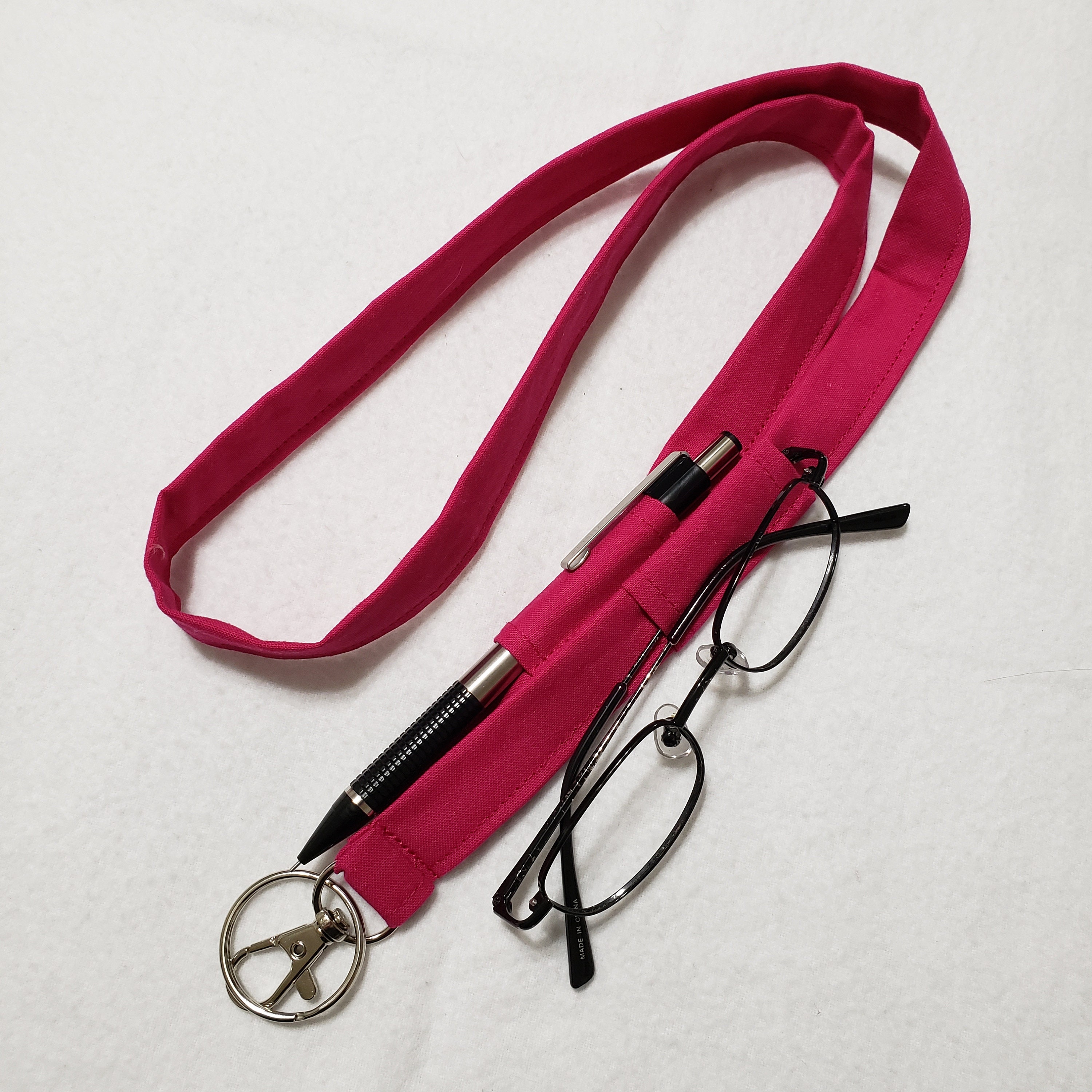 Solid Dark Pink Lanyard With 2 Pen Loops, Glasses Loop, Badge and Key