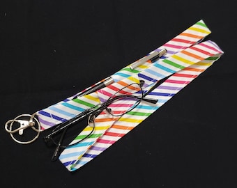Diagonal Rainbow Stripe Lanyard with 2 Pen Loops, Glasses Loop, badge and key holder