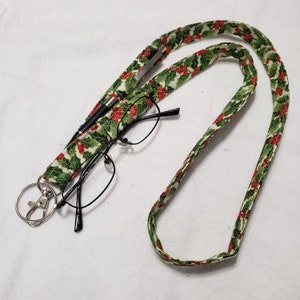 Holly Leaves & Berries Lanyard with 2 Pen Loops, Glasses Loop, badge and key holder, Christmas, winter
