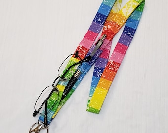 Distressed Rainbow Stripe Lanyard with 2 Pen Loops, Glasses Loop, badge and key holder
