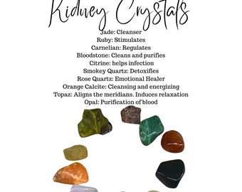 May include: A collection of 10 kidney crystals, including jade, ruby, carnelian, bloodstone, citrine, smokey quartz, rose quartz, orange calcite, topaz, and opal. Each crystal is a different color and shape.