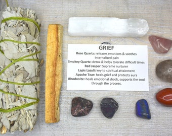 Kit de cristales para el duelo: 6 piedras preciosas, salvia, palo santo y selenita