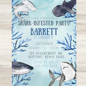 May include: A light blue party invitation with illustrations of sharks and blue coral. The invitation reads "SHARK-INFESTED PARTY!" and includes the name "BARRETT" and party details.