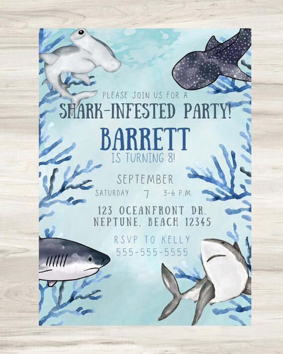 Personalized Shark Birthday Invitation – Ocean Theme Party Invite (Digital File)