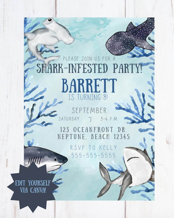 Shark Birthday Invitation | Ocean Theme, Editable Canva Template (Instant Download)