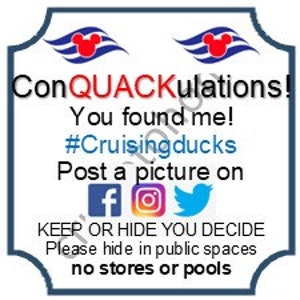Puede incluir: Un cartel azul y blanco con el texto "ConQUACKulations! You found me! #Cruisingducks Post a picture on" e iconos para Facebook, Instagram y Twitter. El cartel también dice "KEEP OR HIDE YOU DECIDE Please hide in public spaces no stores or pools."