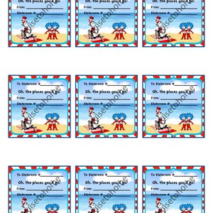Puede incluir: Nueve tarjetas imprimibles con el Gato en el Sombrero y Cosa 1 y Cosa 2 del libro "&iexcl;Oh, los lugares a los que ir&aacute;s!" de Dr. Seuss. Las tarjetas est&aacute;n dise&ntilde;adas para un intercambio de camarotes en un crucero. Cada tarjeta tiene un espacio para escribir el n&uacute;mero de camarote, "To Stateroom #", y "From: Stateroom #".