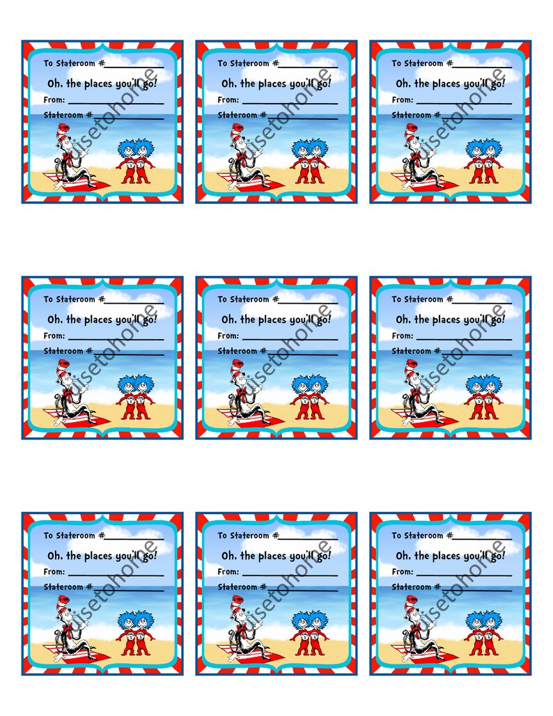 Puede incluir: Nueve tarjetas imprimibles con el Gato en el Sombrero y Cosa 1 y Cosa 2 del libro "&iexcl;Oh, los lugares a los que ir&aacute;s!" de Dr. Seuss. Las tarjetas est&aacute;n dise&ntilde;adas para un intercambio de camarotes en un crucero. Cada tarjeta tiene un espacio para escribir el n&uacute;mero de camarote, "To Stateroom #", y "From: Stateroom #".