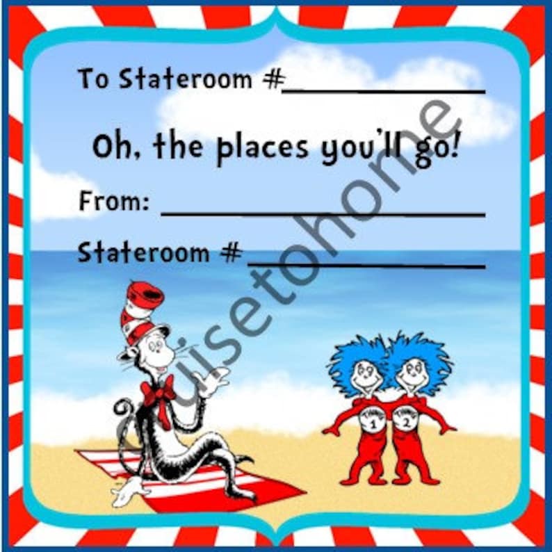 Puede incluir: Una tarjeta imprimible con los personajes del libro "&iexcl;Oh, los lugares a los que ir&aacute;s!" de Dr. Seuss. La tarjeta tiene un borde a rayas rojas y blancas y dice "A la cabina n&ordm;" y "De: cabina n&ordm;".