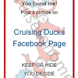 Puede incluir: Un letrero rectangular blanco con borde rojo y el texto "ConQUACKulations!" y "Cruising Ducks Facebook Page". La imagen presenta un personaje de dibujos animados y el texto "Keep or Hide, You Decide".