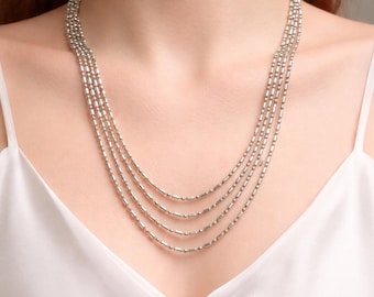 Sterling Silver Multi-Strand Beaded Necklace | 925 Silver Layered Chain