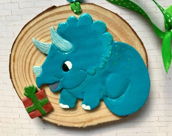 Triceratops ornament, Christmas ornament, wood slice, handmade ornament