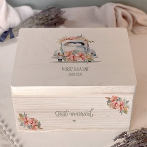 Personalisierte Hochzeitskiste "Just Married" aus Holz Mit Name und Datum Holzkiste Holzbox Aufbewahrung Erinnerungen Geschenk zur Hochzeit
