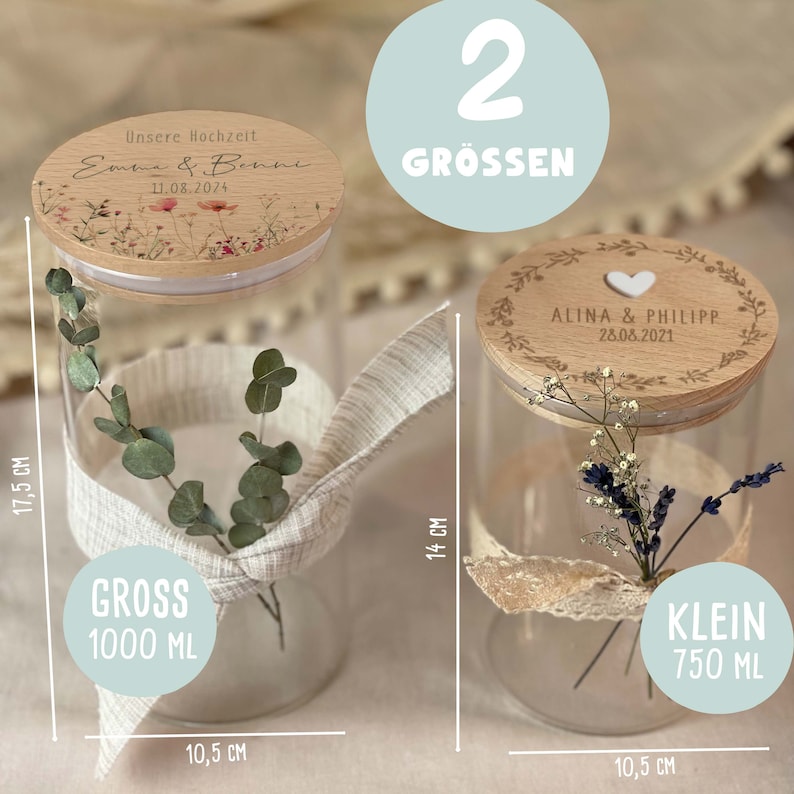 2 verschieden Größen:

Klein (750ml und 10,5x14cm)
Gross (100ml und 10,5x17,5cm)