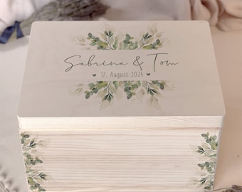 Personalized wooden wedding box "Leaves" with name + date, wooden box, bride and groom, married couple, wedding favor, wedding gift