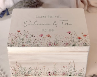 Personalized wooden wedding box "Flower Meadow" with name + date, wedding box, wedding favor, wedding gift
