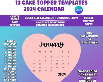 Kuchenkalender, Burn Away Cake Topper Kalendervorlage, benutzerdefinierte Herz Cake Topper, 2024 druckbarer Kalender, Geburtstagskuchendeckel, Canva bearbeitbar
